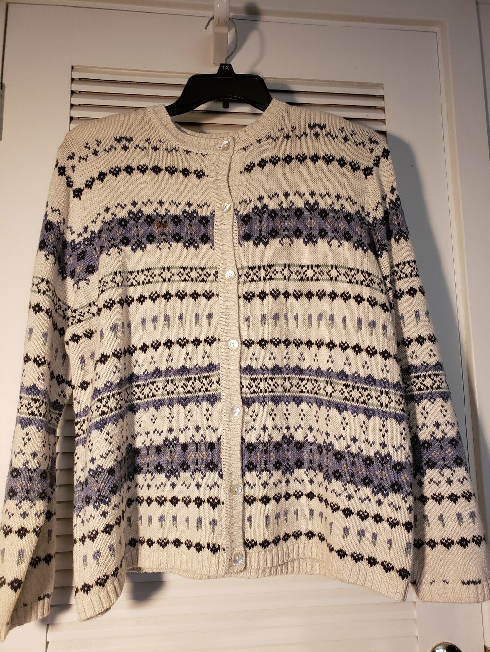 Karen Scott Cream and Blue Fair Isle Button-Front Cardigan
